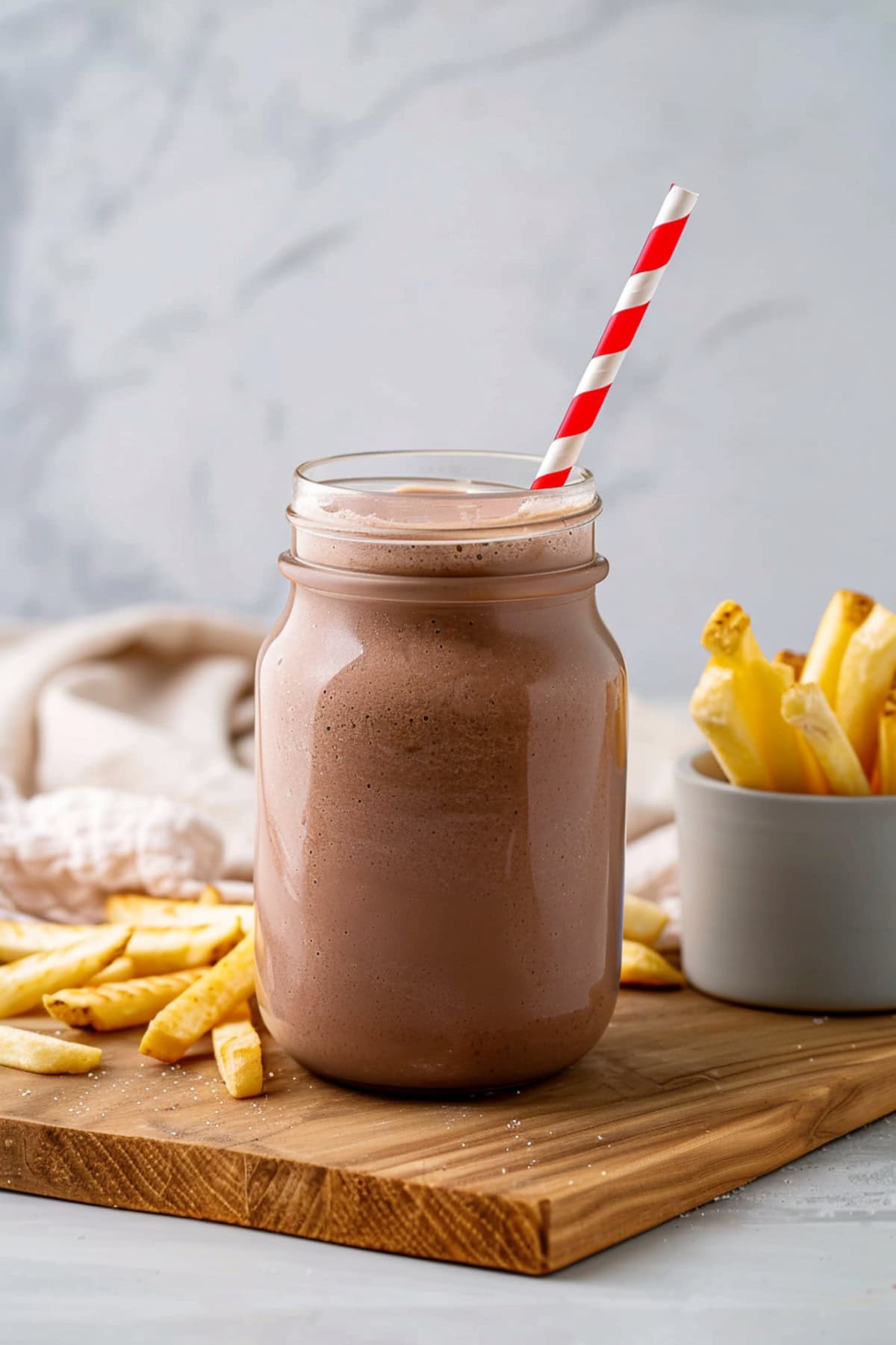 Copycat Wendy's frosty chocolate in a glass jar, served with fries.