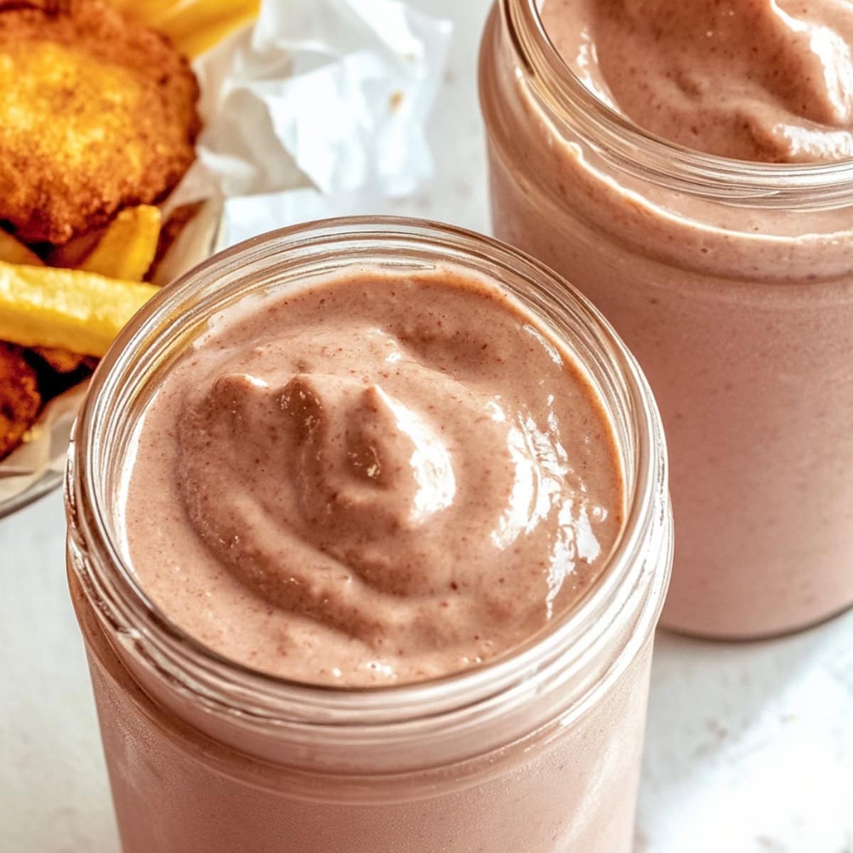 Two glass jars of copycat Wendy's frosty served with chicken and fries.