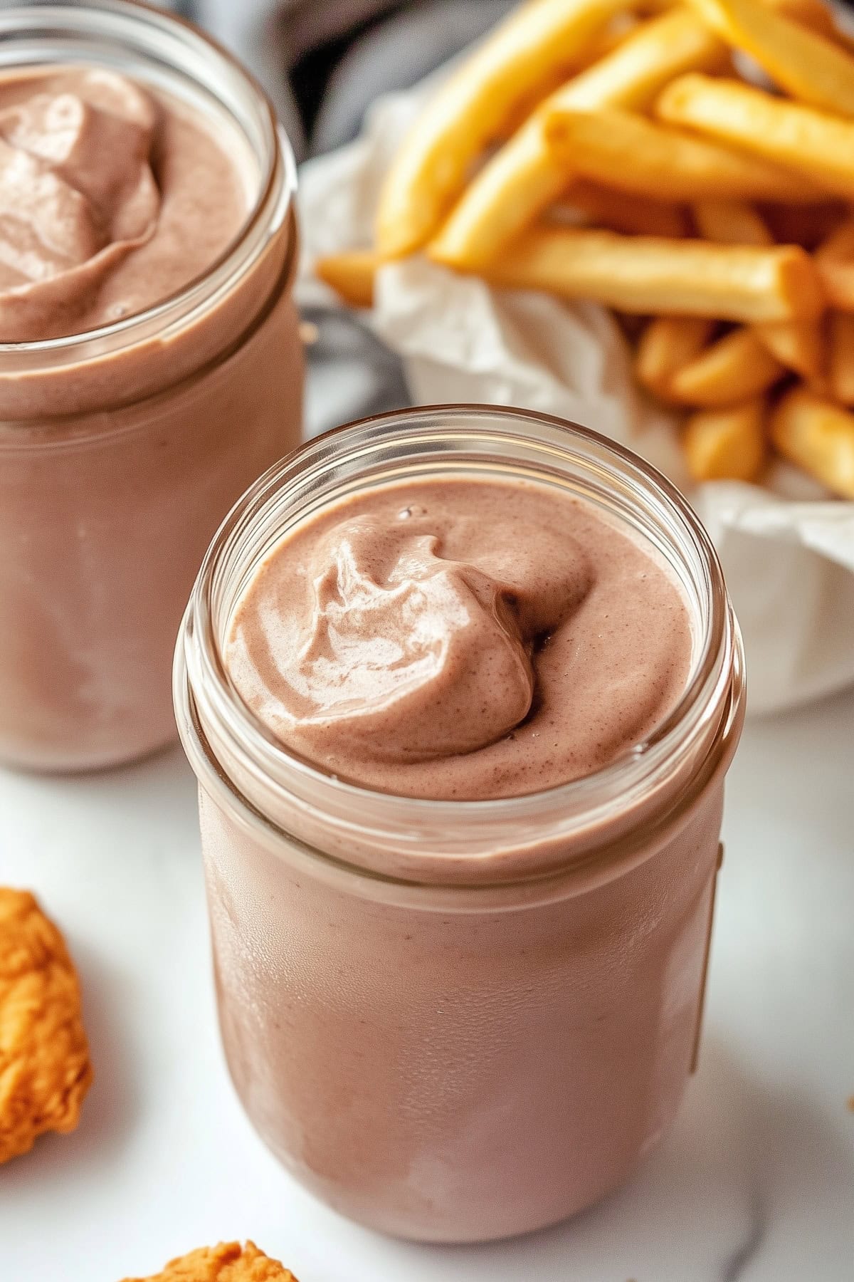 Wendy's frosty in glass jars with milk and fries.