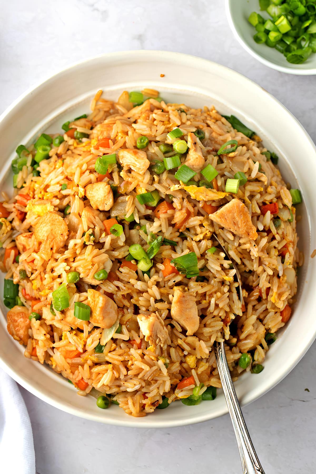 Homemade Chicken Fried Rice with Green Peas, Onions, Carrots and Eggs