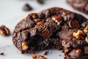 Close up of a Gooey, Chocolatey, Nutty Devil's Food Fudge Cookie with a Bite Taken Out of It