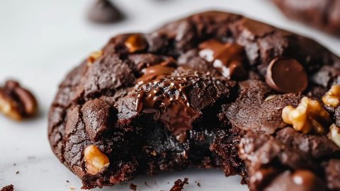 Close up of a Gooey, Chocolatey, Nutty Devil's Food Fudge Cookie with a Bite Taken Out of It