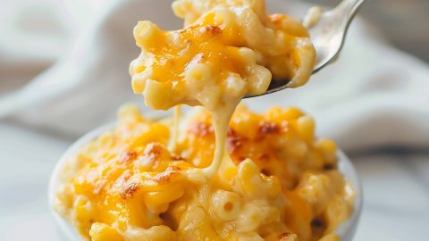 Super Close Up of Bite of Cheesy Trisha Yearwood's Crockpot Mac and Cheese on a Spoon Over a Bowl of Mac and Cheese