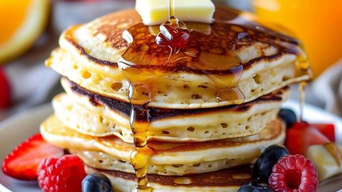 Stack of IHOP Pancake Recipe Pancakes with Fresh Fruit, Maple Syrup, and Butter