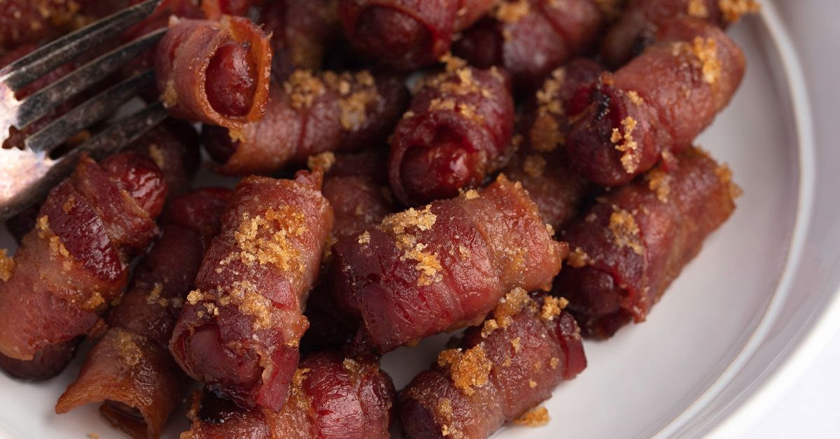 Homemade Brown and Crispy Little Smokies Wrapped in Bacon with Brown Sugar