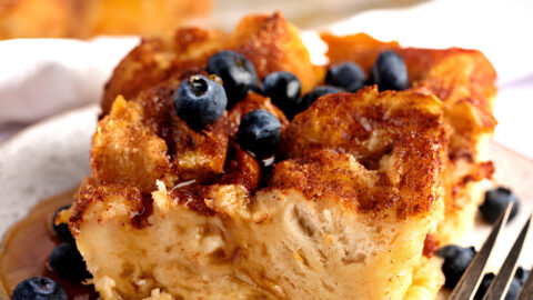 Sliced Homemade French Toast with Blueberries and Syrup