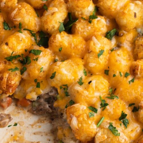Comforting Tater Tot Casserole Packed with Ground Beef, Herbs and Cheese