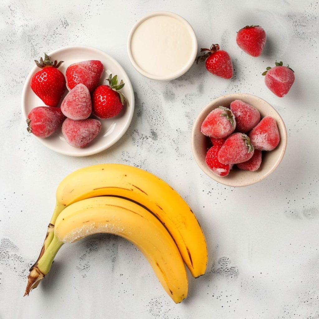 Angel Food Smoothie Ingredients - frozen strawberries, banana, and milk
