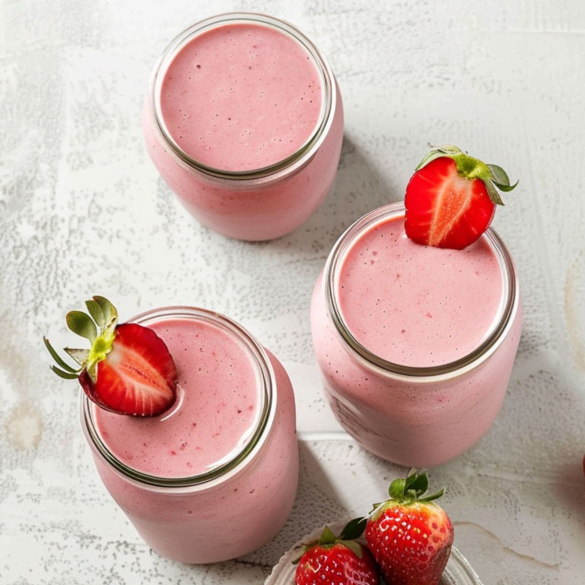 Top view of three mugs of pink Smoothie King's Angel Food Smoothie on a white table with fresh strawberry garnish.