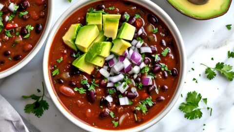 Healthy and delicious chipotle black bean soup with avocados and onions