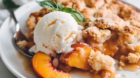 Close Up of Patti Labelle's Peach Cobbler on a Plate with Vanilla Ice Cream and Mint