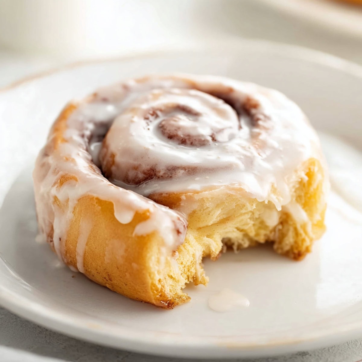 A piece of Bisquick cinnamon roll in a white plate.