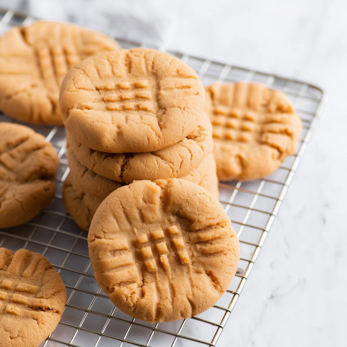 Bisquick peanut butter cookies in a cooling rack.