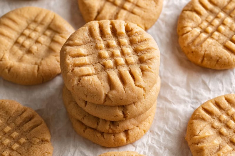Bisquick peanut butter cookies stacked on a white parchment paper, close-up