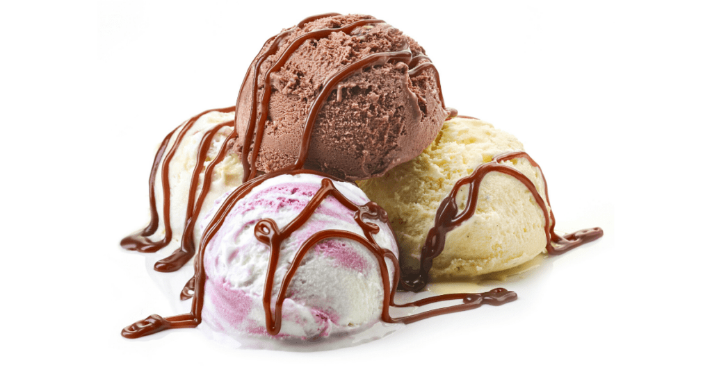 Scoops of Ice Cream Flavors With Chocolate Syrup