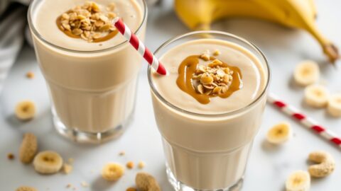 Refreshing smoothie topped with peanut butter, nuts and bananas in glasses