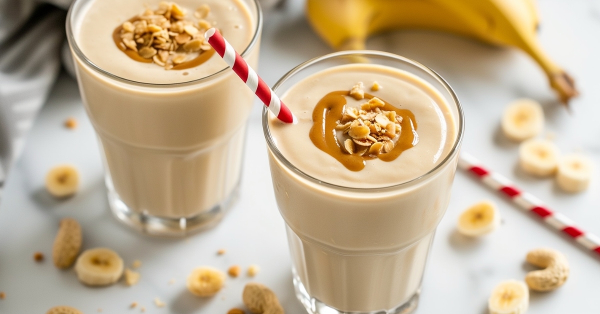 Refreshing smoothie topped with peanut butter, nuts and bananas in glasses