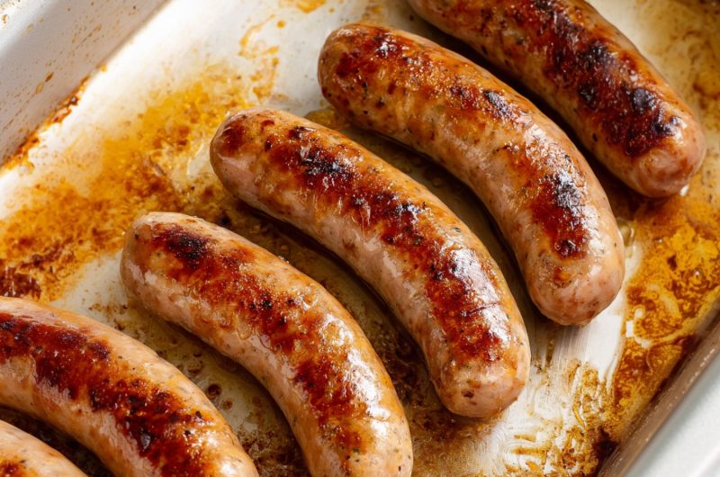 Cooked bratwurst in a baking dish, close-up.