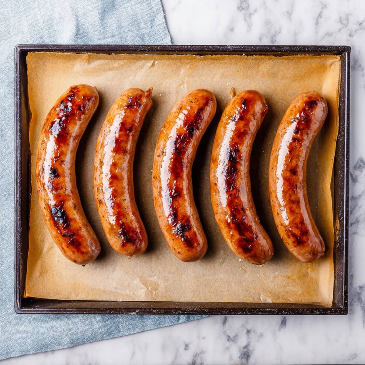 Golden-brown bratwursts in a baking pan.