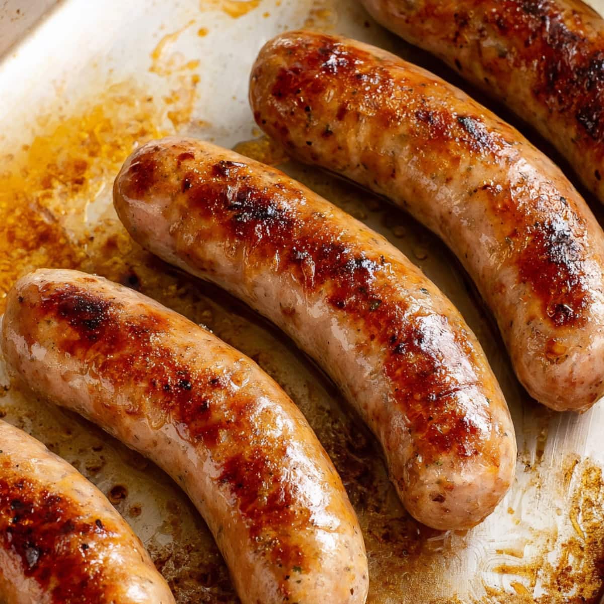 Close-up of juicy bratwursts in a baking dish.