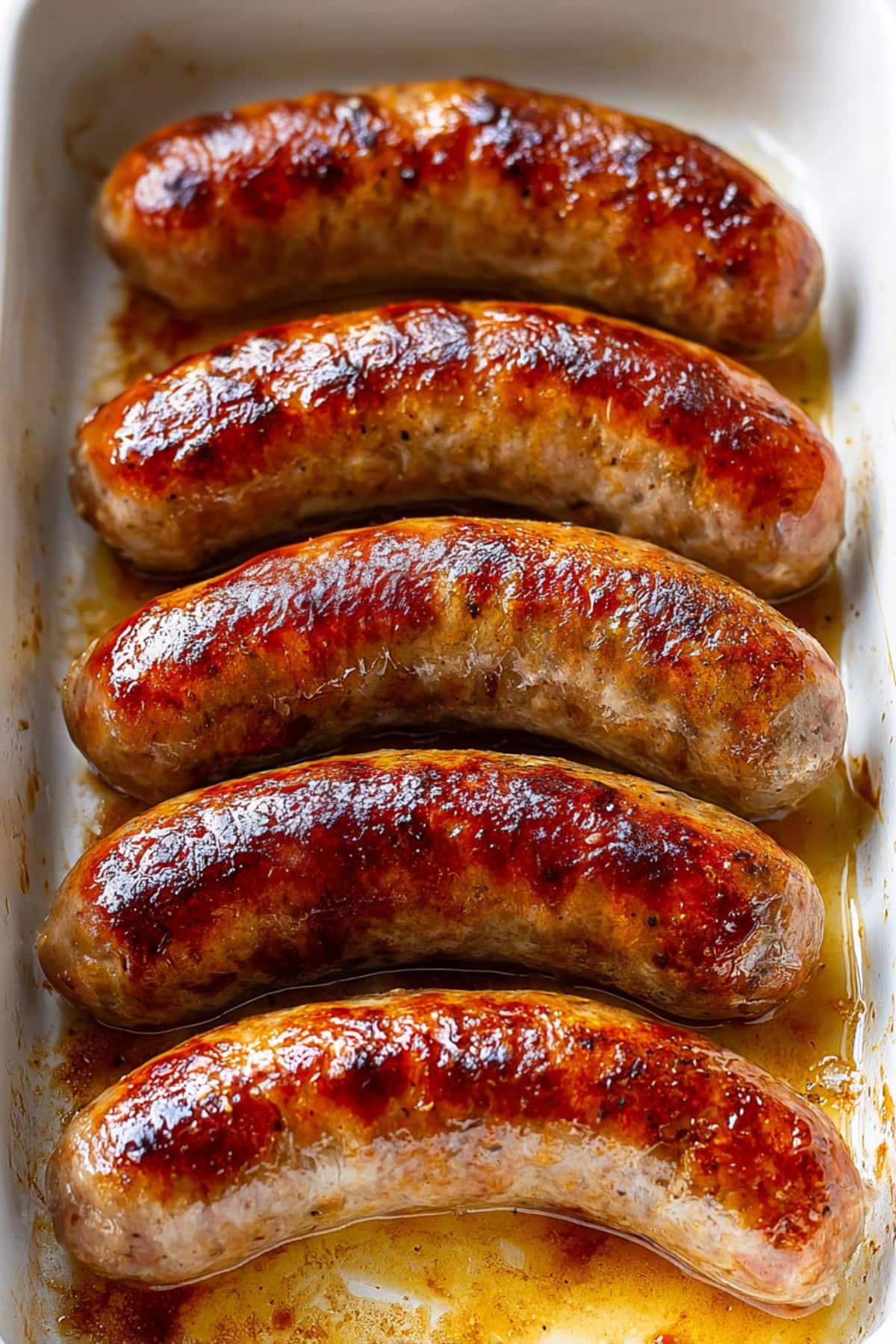 Cooked bratwurst in a baking dish.