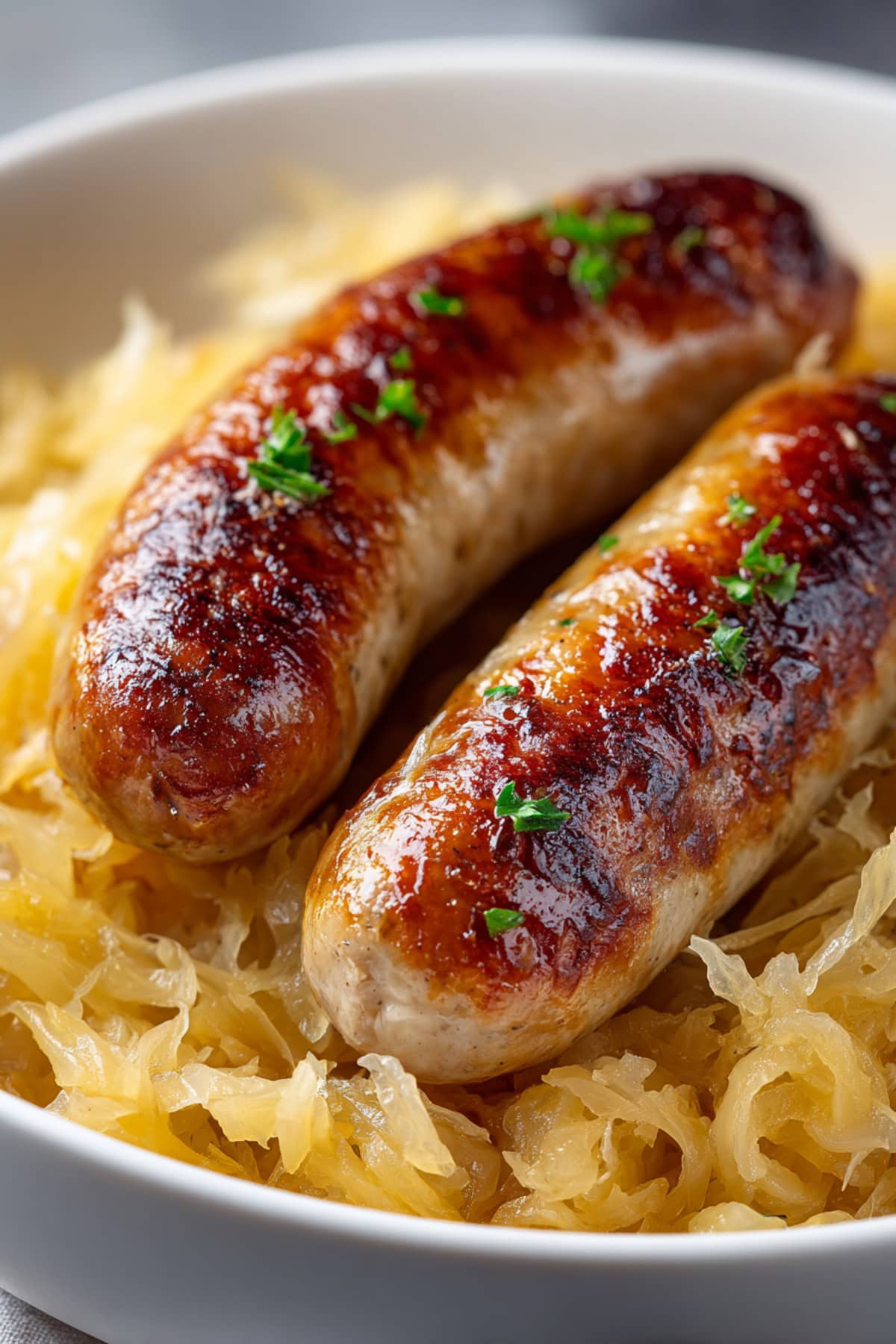 Bratwurst with sauerkraut in a bowl.