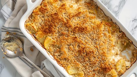 Top View of Baked Lighthouse Inn Potatoes in a Casserole Dish on a White Marble Table