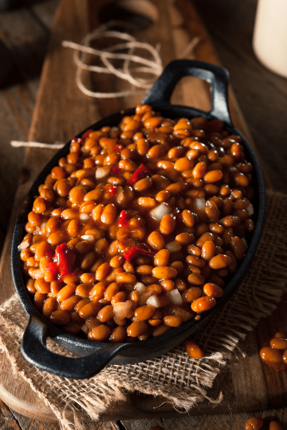 Baked beans with BBQ sauce in a skillet