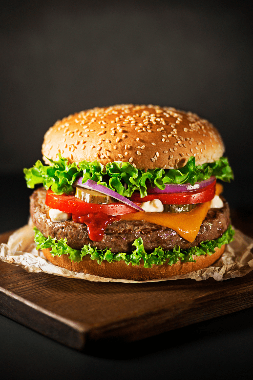 Hamburger with Fresh Vegetables, Cheese and Ketchup