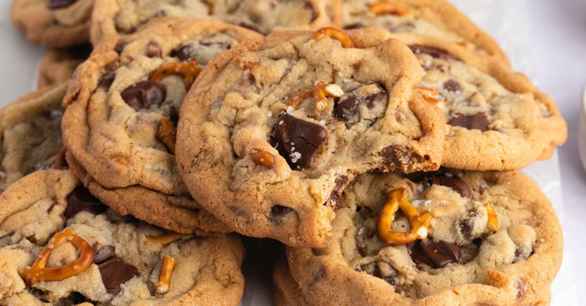 Sweet and Salty Kitchen Sink Cookies with Chocolate Chunks and Crushed Pretzels