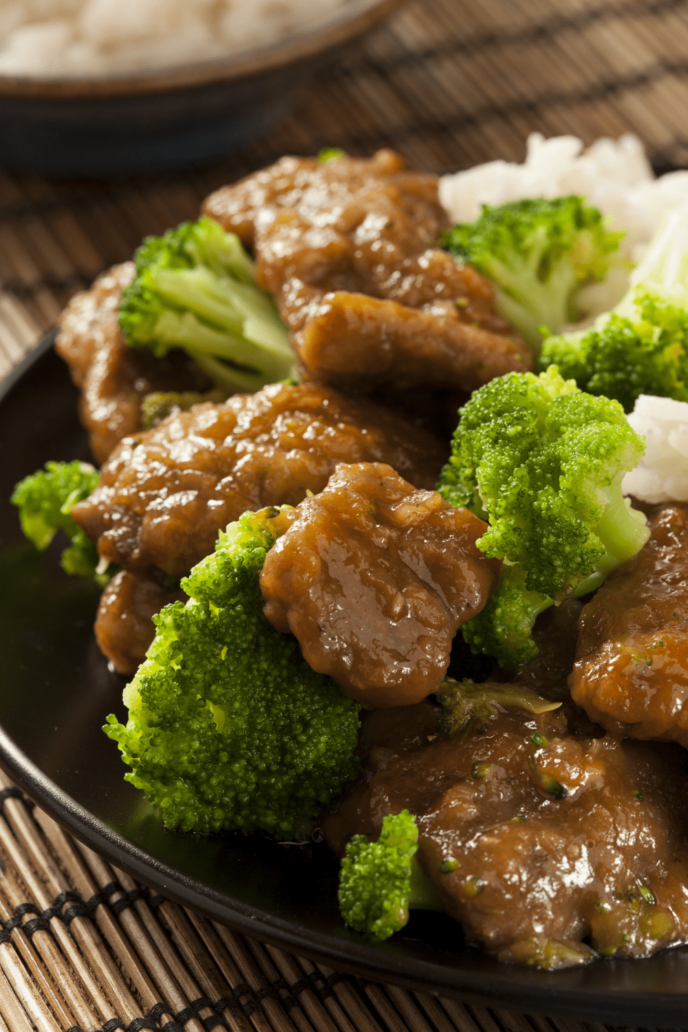 Sweet and Savory Beef Broccoli and Rice in a Black Plate