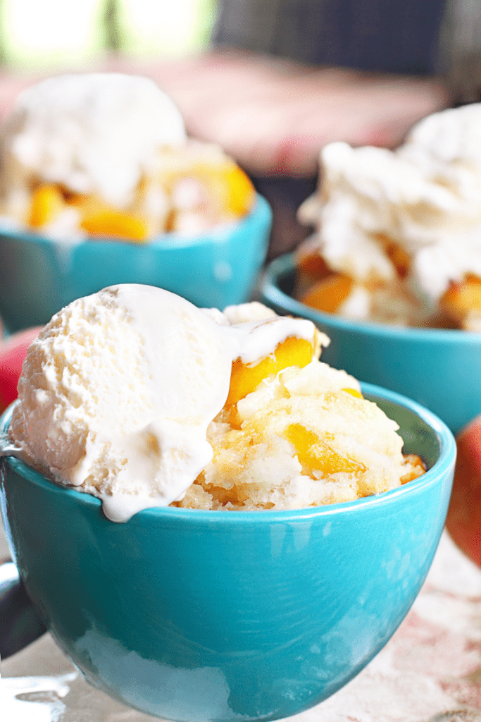 Bowl of Peach Cobbler with Vanilla Ice cream