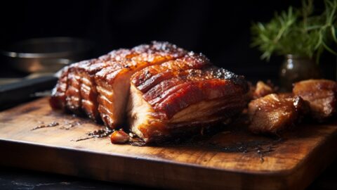 Slow roasted pork belly on a chopping board
