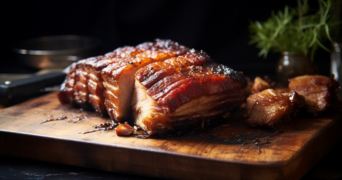 Slow roasted pork belly on a chopping board