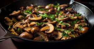 Fried mushrooms and onions in a skillet