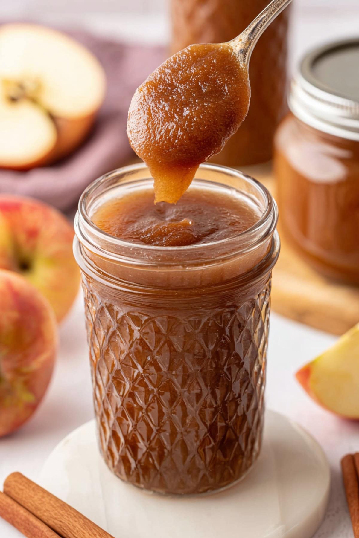 Apple butter in a glass jar with fresh apples and cinnamon sticks on the side.