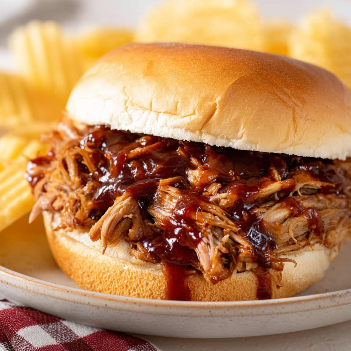 A close-up of bbq pulled pork sandwich with chips.