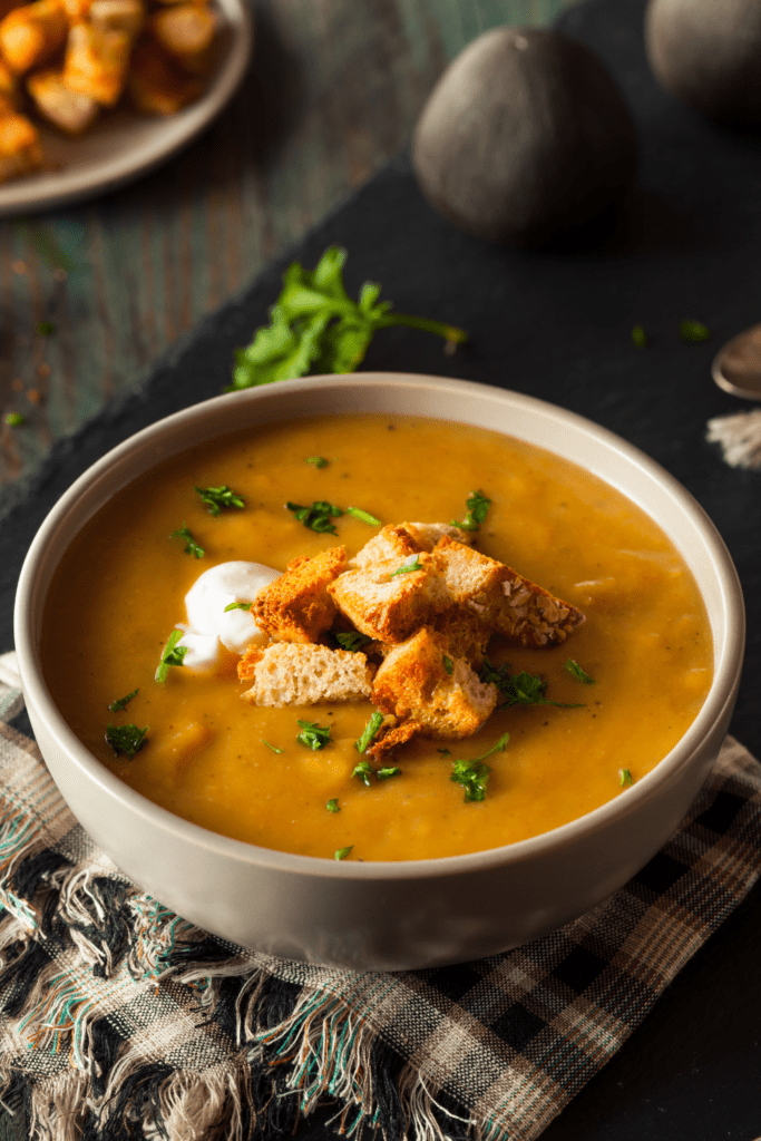 Butternut Squash Soup with Croutons and Sour Cream