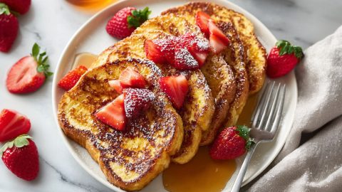 Cracker barrel french toast with powdered sugar and strawberries in a plate with fork on the side.