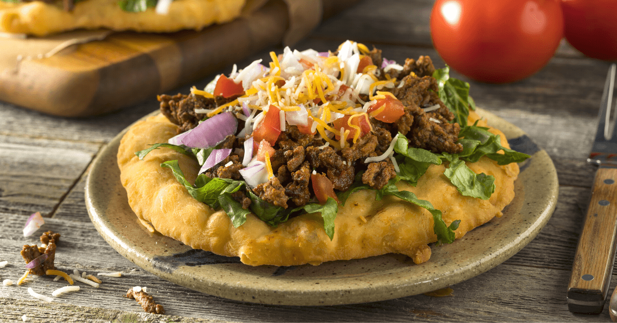 Fry Bread Tacos with Ground Beef, Lettuce and Tomatoes