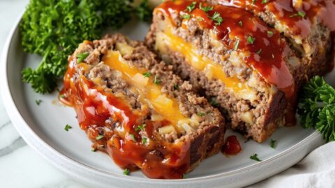 Cheeseburger Meatloaf Slices in a White Plate on a White Marble Table