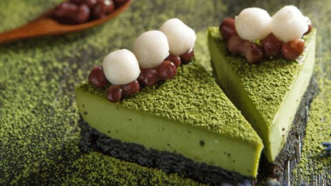 Matcha Cake with Red Beans and Rice Dumplings