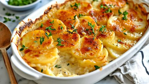 A casserole of delicious and golden-brown scalloped potatoes with herbs