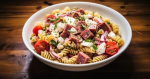 Antipasto Pasta Salad with cherry tomatoes, feta, olives, and salami