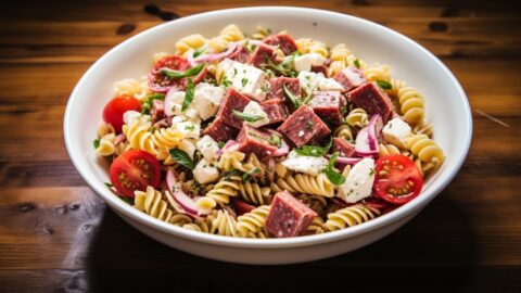 Antipasto Pasta Salad with cherry tomatoes, feta, olives, and salami