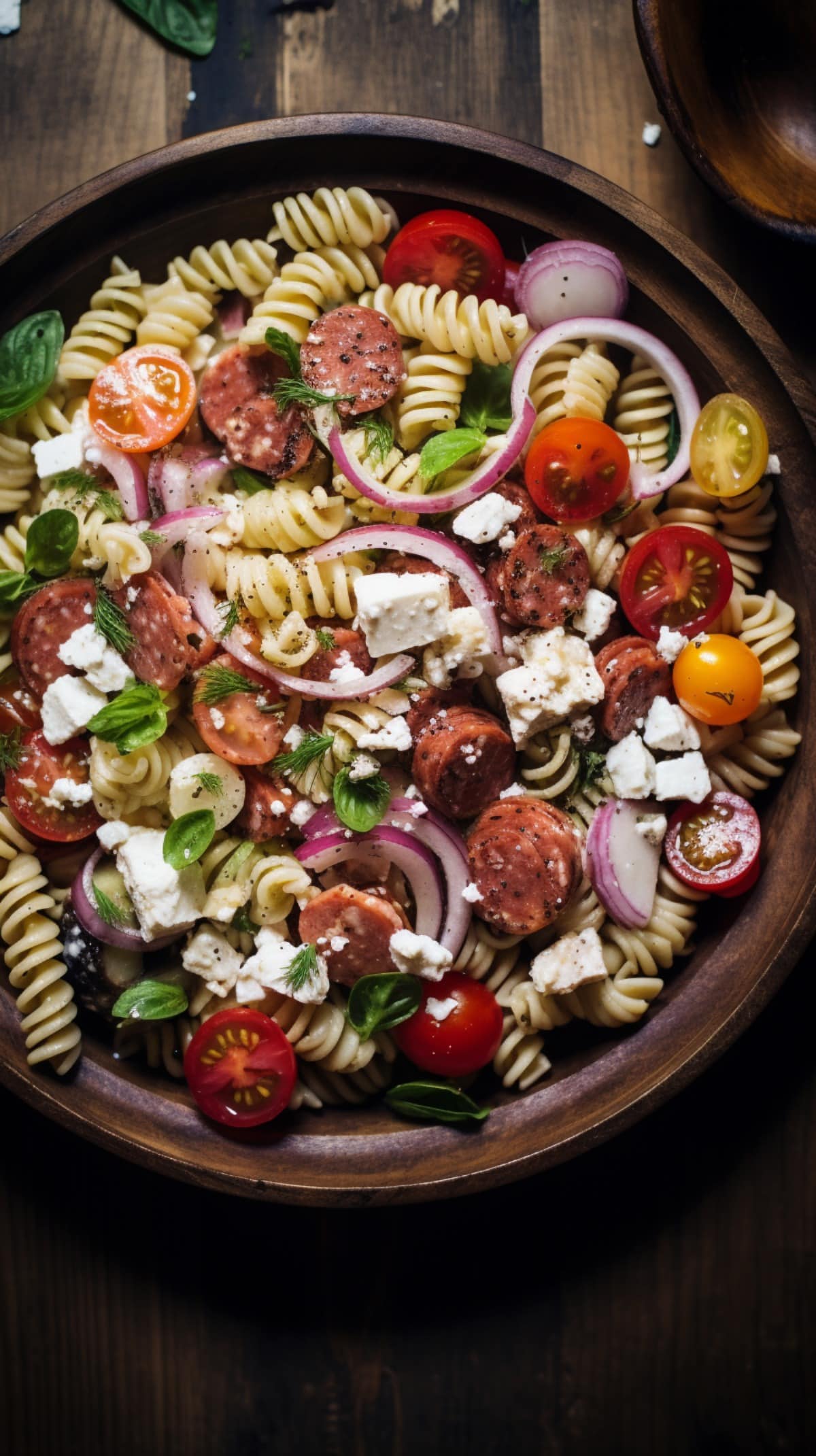 Antipasto Pasta Salad with cherry tomatoes, feta, olives, and salami, garnished with dill and basil leaves served on a brown bowl