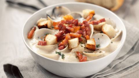Bowl of Clam Chowder with Bread Crumbs and Bacon Bits