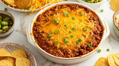 Cheesy and Meaty Homemade Hormel Chili Dip in a Bowl