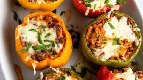 Homemade Cheesy Stuffed Bell Peppers with Ground Beef and Rice