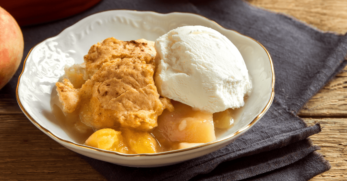 Homemade Peach Cobbler with Ice Cream on Plate